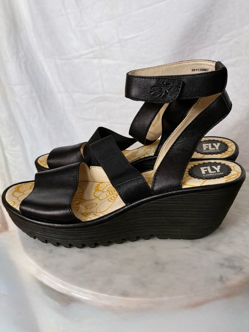 Fly London Black Leather Platform Wedge Sandals with Ankle Strap